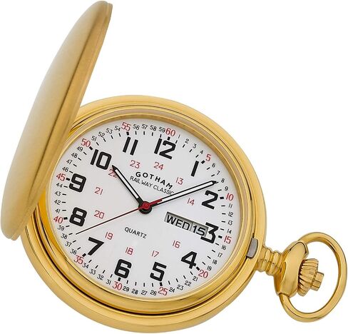 Gotham Men's Railway Classic Gold-Plated Stainless Steel Analog Quartz Day/Date Hunter Pocket Watch # GWC14110G in Kuwait