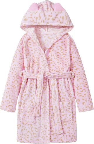 Topgal Leopard Cat Robe for Girls Fleece Toddler Kids Teen Hooded Bathrobe Size 4T-18 in Kuwait