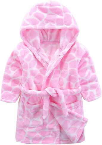 Girls Robes, Plush Soft Coral Fleece Animal Print Hooded Bathrobe for Kids Boys in Kuwait