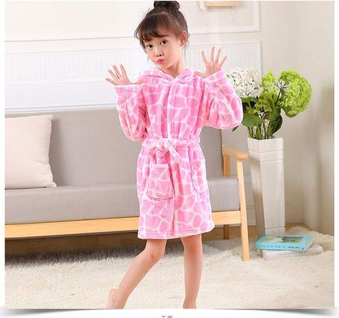 Girls Robes, Plush Soft Coral Fleece Animal Print Hooded Bathrobe for Kids Boys in Kuwait