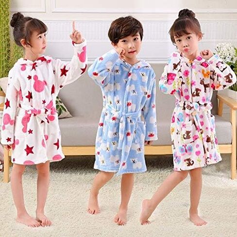 Girls Robes, Plush Soft Coral Fleece Animal Print Hooded Bathrobe for Kids Boys in Kuwait