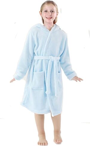 Girls Robes, Plush Soft Coral Fleece Animal Print Hooded Bathrobe for Kids Boys in Kuwait