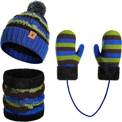 Kids Winter Pompom Beanie Hat Scarf Gloves Set for Boys&Girls Age 3-8, Fleece Lined Skull Cap Neck Warmer Mitten Set in Kuwait