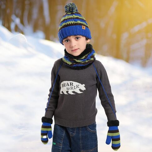 Kids Winter Pompom Beanie Hat Scarf Gloves Set for Boys&Girls Age 3-8, Fleece Lined Skull Cap Neck Warmer Mitten Set in Kuwait