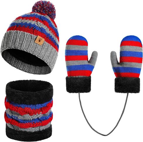 Kids Winter Pompom Beanie Hat Scarf Gloves Set for Boys&Girls Age 3-8, Fleece Lined Skull Cap Neck Warmer Mitten Set in Kuwait