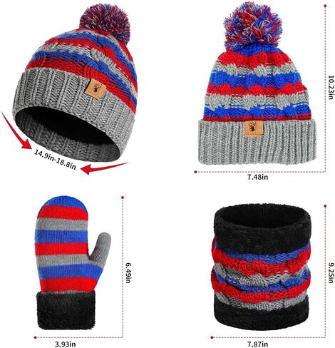 Kids Winter Pompom Beanie Hat Scarf Gloves Set for Boys&Girls Age 3-8, Fleece Lined Skull Cap Neck Warmer Mitten Set in Kuwait