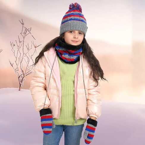 Kids Winter Pompom Beanie Hat Scarf Gloves Set for Boys&Girls Age 3-8, Fleece Lined Skull Cap Neck Warmer Mitten Set in Kuwait