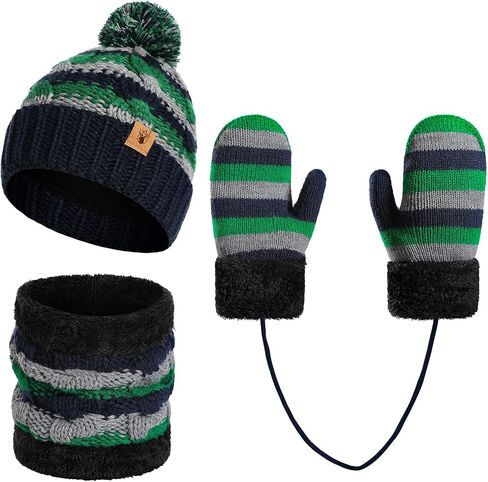 Kids Winter Pompom Beanie Hat Scarf Gloves Set for Boys&Girls Age 3-8, Fleece Lined Skull Cap Neck Warmer Mitten Set in Kuwait