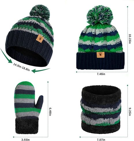 Kids Winter Pompom Beanie Hat Scarf Gloves Set for Boys&Girls Age 3-8, Fleece Lined Skull Cap Neck Warmer Mitten Set in Kuwait