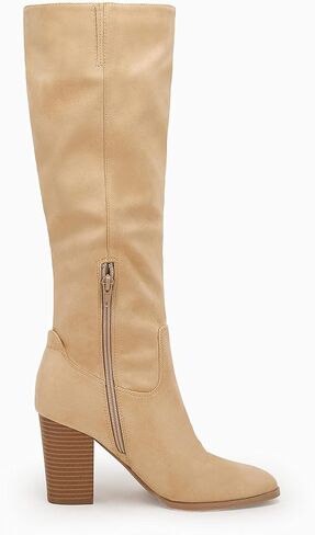 Coutgo Womens Faux Suede Knee High Boots Side Zipper Chunky Heel Stretch Winter Boots in Kuwait
