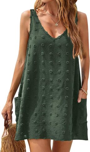 Blooming Jelly Womens Casual Sun Summer Dresses Swiss Polka Dot Beach Cover Up V Neck Tank Dress with Pockets in Kuwait