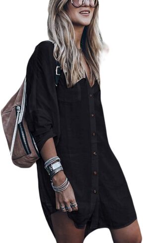 Bsubseach Women Loose Long Sleeve Swimsuit Cover Ups Button Down Beach Shirt in Kuwait