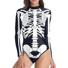 Women's One Piece Skull Skeleton Swimsuit Halloween Costume Jumpsuit Bodysuit with Zip-Back Bodycon Outfit