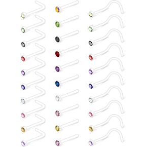 Mayhoop 20G 30Pcs Bioflex Clear Nose Rings Retainer Nose Piercing Retainer Mix Color CZ Body Jewelry Piercing for Women Men