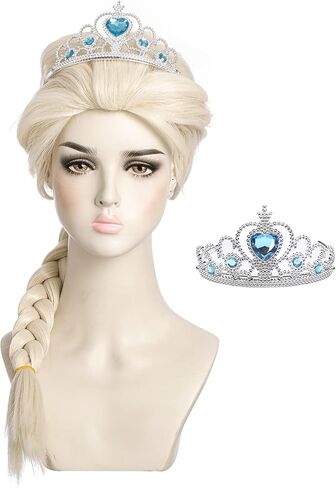 Blonde Braided Cosplay Wig for Girls Kids with Crown Long Synthetic Hair Wigs for Child Toddlers Princess Costume Halloween Party (Kids) in Saudi Arabia