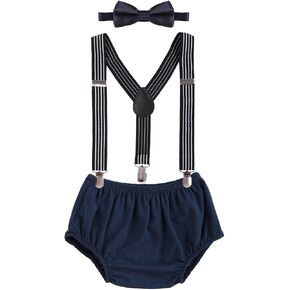 Baby Boys Cake Smash Outfit First Birthday Bloomers Bowtie Suspenders Clothes set