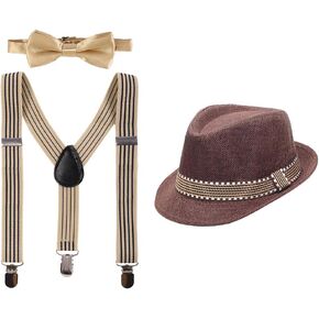 IMEKIS Kids 1920s إكسسوارات مجموعة Y-Back قابل للتعديل الحمالات قبعة فيدورا 3 قطعة حفل زفاف الزي للبنين بنات 2-6T in Kuwait