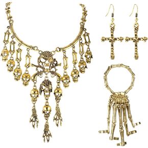 YADOCA 4Pcs Pirate Accessories For Women Multi-Level Pirate Skull Collar Bib Necklace Skull Skeleton Hand Bracelet Pirate Dangle Earrings Antique Gold Halloween Jewelry Set in Saudi Arabia