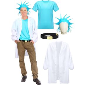 Xtinmee 4 Pcs Halloween Scientist Costume for Men Including Blue Short Wig Lab Coat and Blue T Shirt Belt Cosplay Outfits in Saudi Arabia