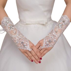 Ayliss Lace Gloves Fingerless Rhinestone Bridal Gloves for Wedding Party