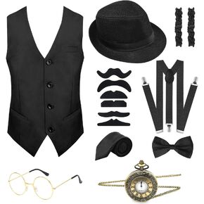PLULON 1920s Mens Costume Gatsby Gangster Vest Roaring 20s Men's Accessories Set
