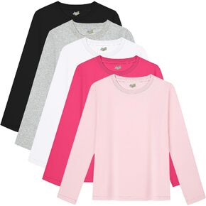 5 Pack Girls Long Sleeve Shirts Soft Cotton Crewneck Girls' Basic Long-Sleeve T-Shirts Toddlers' Tagless Tees