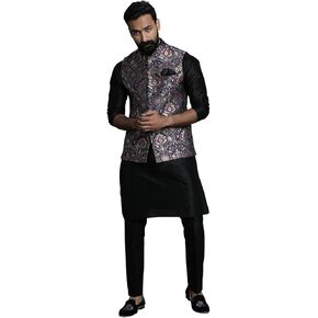 Elina fashion Men's Indian Cotton Kurta Pajama And Printed Nehru Jacket (Waistcoat) Indian Wedding Ethnic Diwali Puja Set