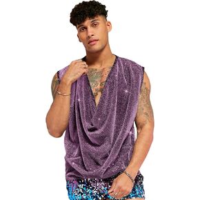WDIRARA Men's Glitter Draped Collar T Shirts Cowl Neck Sleeveless Tank Top Party Top