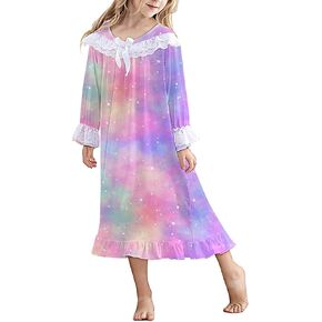 uideazone Girl Nightgowns Lace Print Sleepwear Lightweight Nightdress Soft Princess Pajamas Dress 4-12 Years