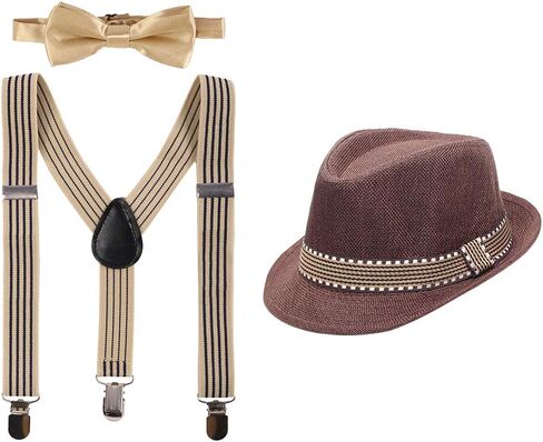 IMEKIS Kids 1920s Accessories Set Y-Back Adjustable Suspender Trim Fedora Hat 3PCS Wedding Party Outfit for Boys Girls 2-6T in Kuwait