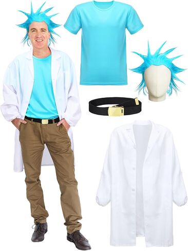 Xtinmee 4 Pcs Halloween Scientist Costume for Men Including Blue Short Wig Lab Coat and Blue T Shirt Belt Cosplay Outfits in Saudi Arabia