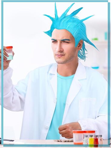 Xtinmee 4 Pcs Halloween Scientist Costume for Men Including Blue Short Wig Lab Coat and Blue T Shirt Belt Cosplay Outfits in Saudi Arabia
