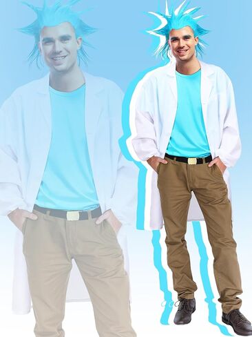 Xtinmee 4 Pcs Halloween Scientist Costume for Men Including Blue Short Wig Lab Coat and Blue T Shirt Belt Cosplay Outfits in Saudi Arabia