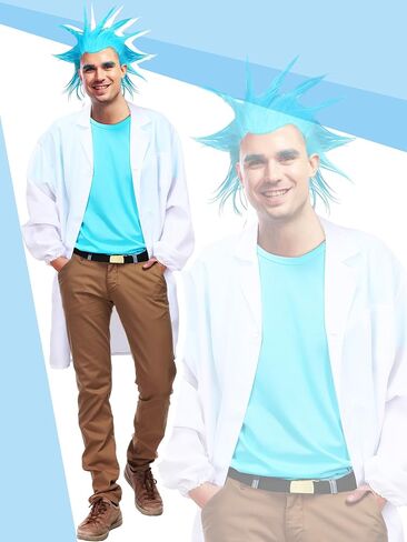 Xtinmee 4 Pcs Halloween Scientist Costume for Men Including Blue Short Wig Lab Coat and Blue T Shirt Belt Cosplay Outfits in Saudi Arabia
