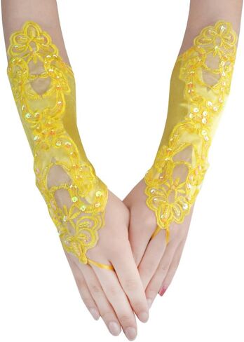 JISEN Fingerless Satin 1920s Gloves Women Banquet Party Elegant Lace Embroidered Bridal Mittens 11 Inch in Kuwait