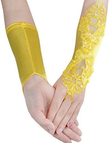 JISEN Fingerless Satin 1920s Gloves Women Banquet Party Elegant Lace Embroidered Bridal Mittens 11 Inch in Kuwait