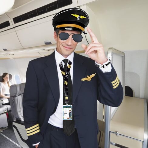 Keymall Pilot Costume Kit With Hat Aviator Sunglasses Tie Pin for Men Aviation Halloween Dress Up Accessories Set in Kuwait