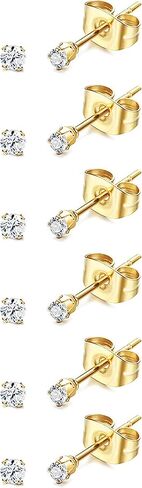 14K Gold Filled Polished Tiny CZ Pearl Ball Stud Earrings Set for Women Girls 20G Surgical Steel Hypoallergenic Piercing Studs for Sensitive Ear, Pack of 6 Pairs in Kuwait