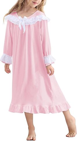uideazone Girl Nightgowns Lace Print Sleepwear Lightweight Nightdress Soft Princess Pajamas Dress 4-12 Years in Saudi Arabia