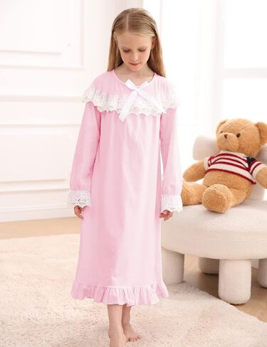 uideazone Girl Nightgowns Lace Print Sleepwear Lightweight Nightdress Soft Princess Pajamas Dress 4-12 Years in Saudi Arabia