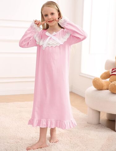 uideazone Girl Nightgowns Lace Print Sleepwear Lightweight Nightdress Soft Princess Pajamas Dress 4-12 Years in Saudi Arabia