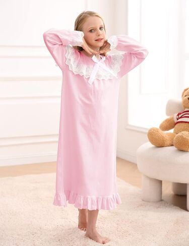 uideazone Girl Nightgowns Lace Print Sleepwear Lightweight Nightdress Soft Princess Pajamas Dress 4-12 Years in Saudi Arabia