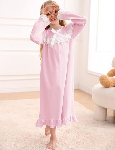 uideazone Girl Nightgowns Lace Print Sleepwear Lightweight Nightdress Soft Princess Pajamas Dress 4-12 Years in Saudi Arabia