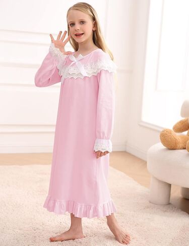 uideazone Girl Nightgowns Lace Print Sleepwear Lightweight Nightdress Soft Princess Pajamas Dress 4-12 Years in Saudi Arabia