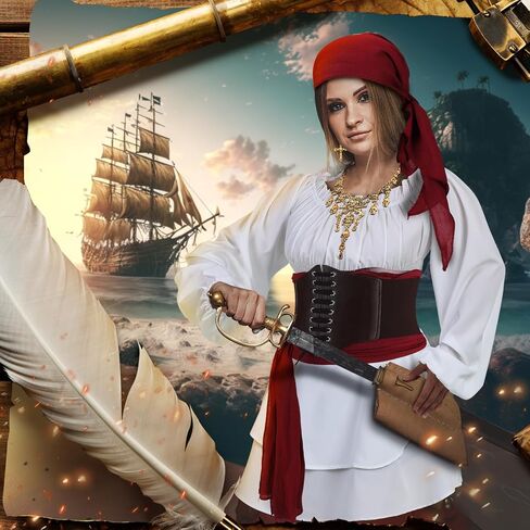 Xtinmee 7 قطع نسائية زي القرصان بلوزة علوية مشد حزام الخصر قرصان باندانا حزام الخصر هيكل عظمي قلادة أقراط شبكة صيد السمك لحفلات الهالوين التنكرية in Saudi Arabia