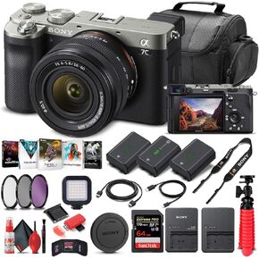 Sony Alpha a7C Mirrorless Digital Camera with 28-60mm Lens (Silver) ILCE7CL/S + 64GB Memory Card + 2 x NP-FZ-100 Battery + Corel Photo Software + Case + External Charger + Card Reader + More (Renewed) | For Photography & Video | Corel Photo Software | Dig in Saudi Arabia