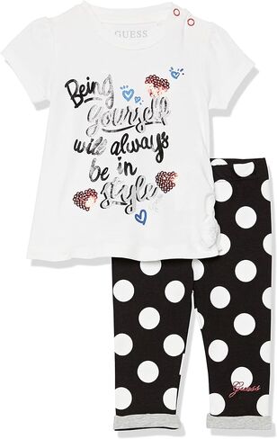 تي شيرت GUESS Baby girls Glitter Print Logo Organic Stretch Jersey T-Shirt and Polka Dot Legging Set من قطعتين (عبوة من قطعتين) in Kuwait