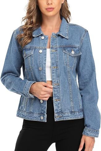 MISS MOLY Women's Denim Jacket Button Up Long Sleeve Basic Trendy Jean Jacket Coat with Pockets in Kuwait