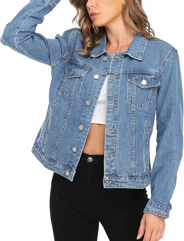 MISS MOLY Women's Denim Jacket Button Up Long Sleeve Basic Trendy Jean Jacket Coat with Pockets in Kuwait