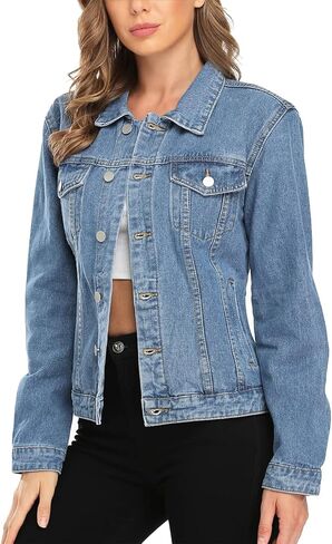 MISS MOLY Women's Denim Jacket Button Up Long Sleeve Basic Trendy Jean Jacket Coat with Pockets in Kuwait